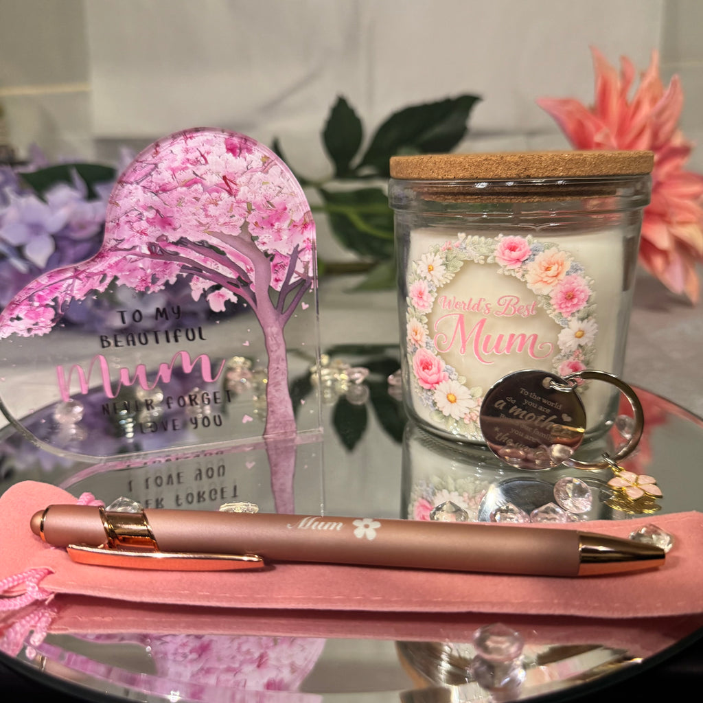Mother’s Day Gift Set World’s Best Mum Vanilla Candle Plaque Pen and Keyring