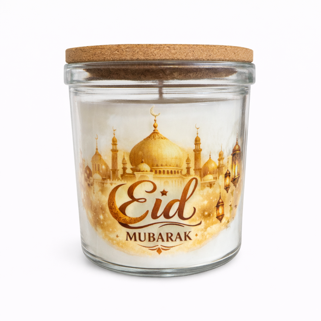 Eid Mubarak Vanilla Scented Candle – Islamic Eid Gift Candle with Mosque & Lantern Design | 40 Hour Burn | Glass Jar with Cork Lid