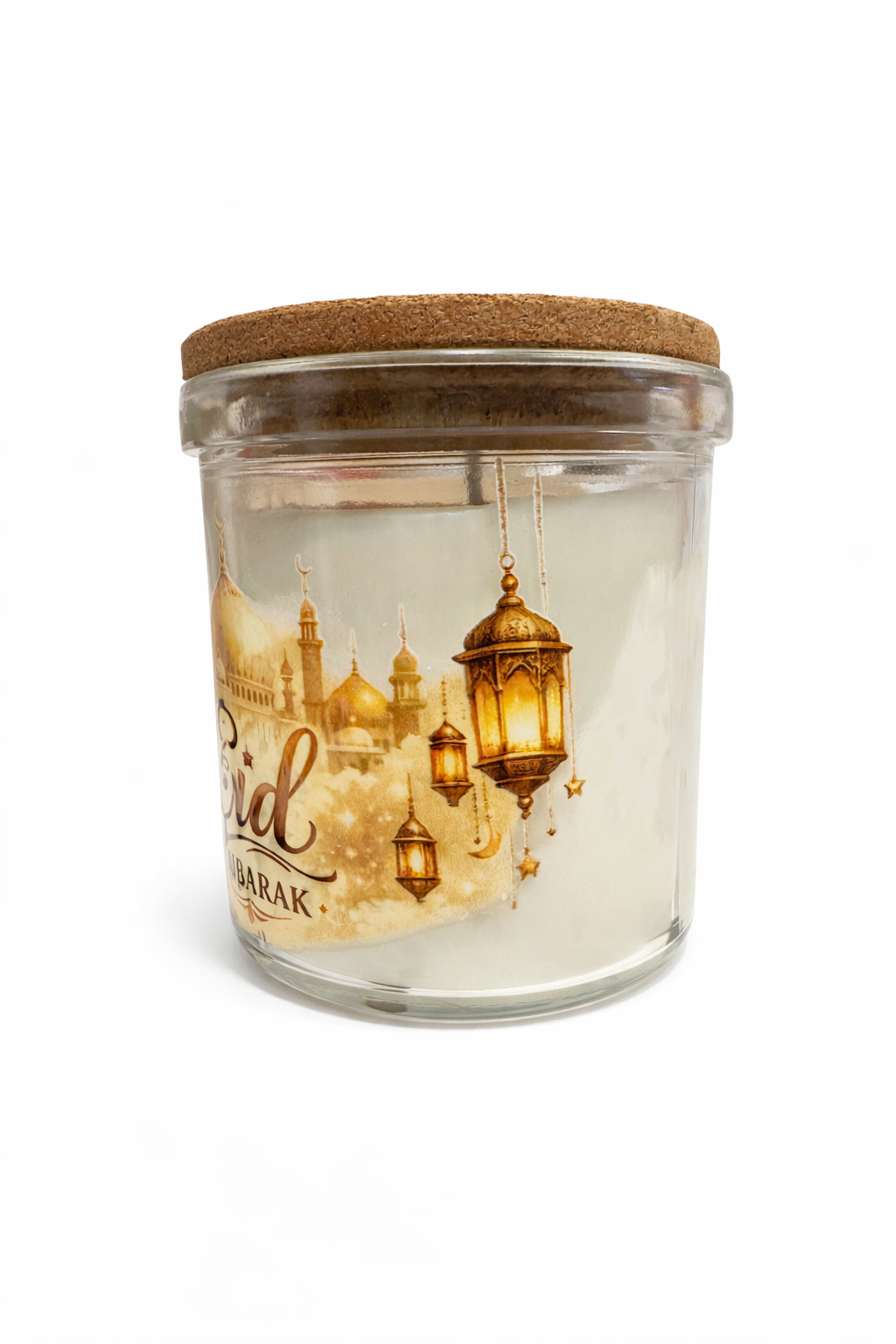 Eid Mubarak Vanilla Scented Candle – Islamic Eid Gift Candle with Mosque & Lantern Design | 40 Hour Burn | Glass Jar with Cork Lid