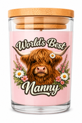 World's Best Nanny Pink Flowers Floral Highland Cow Candle – Nanny Gift | Birthday Gift for Nanny | Mother's Day Gift | Highland Cow Lover Present