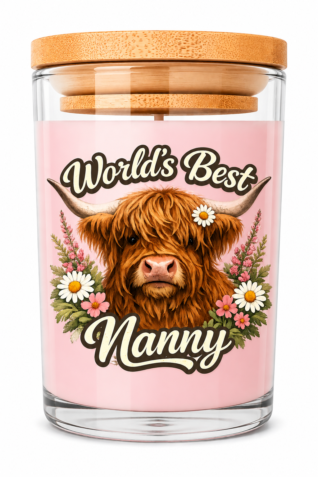 World's Best Nanny Pink Flowers Floral Highland Cow Candle – Nanny Gift | Birthday Gift for Nanny | Mother's Day Gift | Highland Cow Lover Present