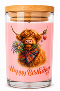 Highland Cow Birthday Candle – Pink Flowers Floral Scent - Happy Birthday Gift | Cute Scottish Cow Candle | Highland Cow Lover Present | Birthday Keepsake