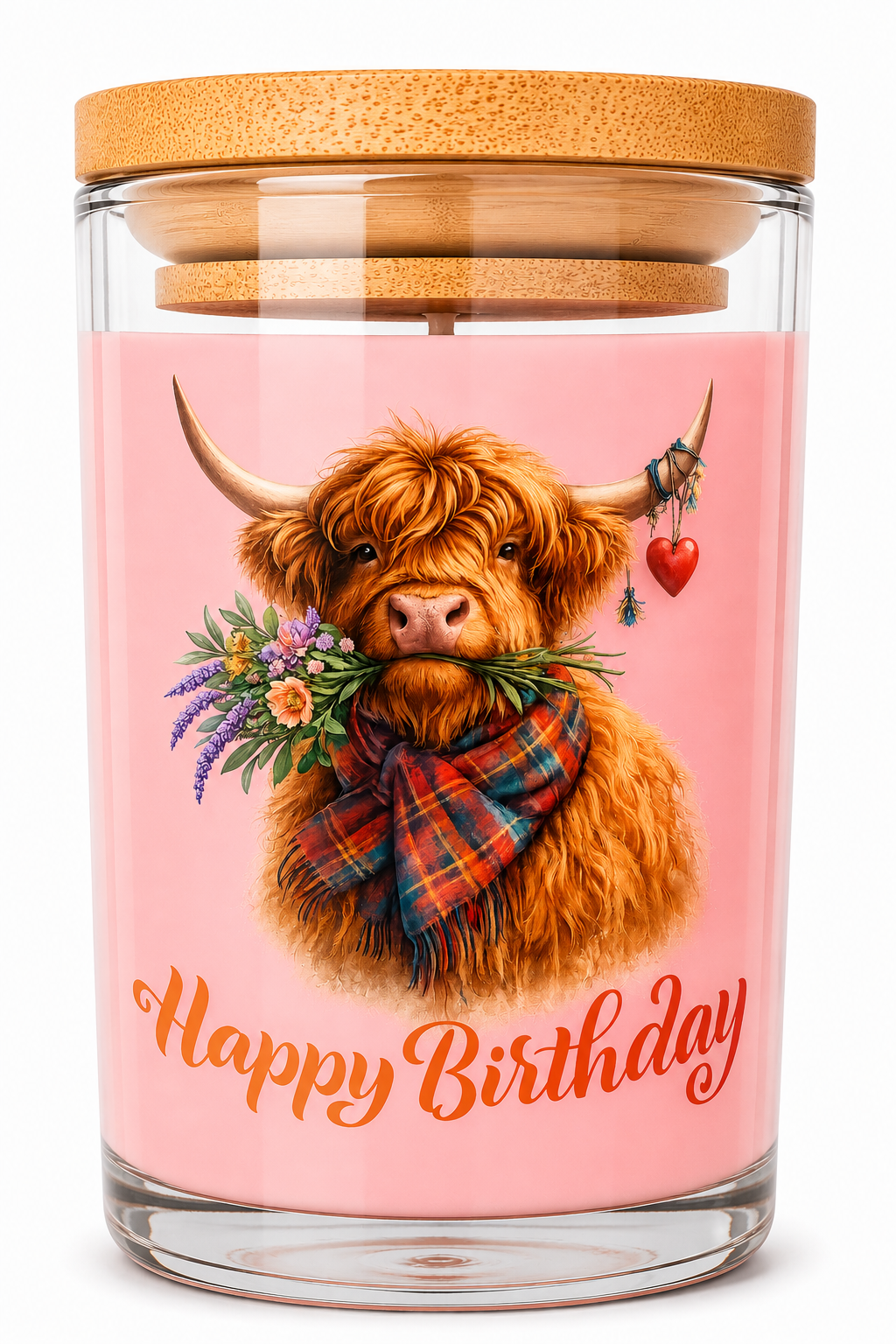 Highland Cow Birthday Candle – Pink Flowers Floral Scent - Happy Birthday Gift | Cute Scottish Cow Candle | Highland Cow Lover Present | Birthday Keepsake