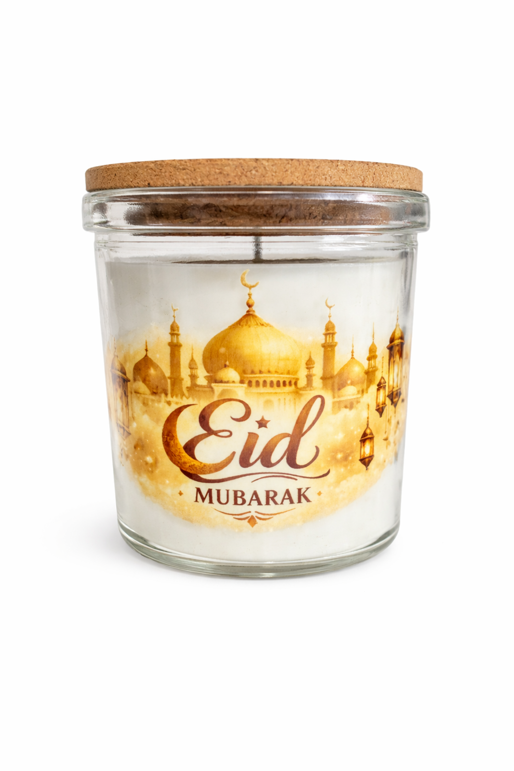 Eid Mubarak Vanilla Scented Candle – Islamic Eid Gift Candle with Mosque & Lantern Design | 40 Hour Burn | Glass Jar with Cork Lid