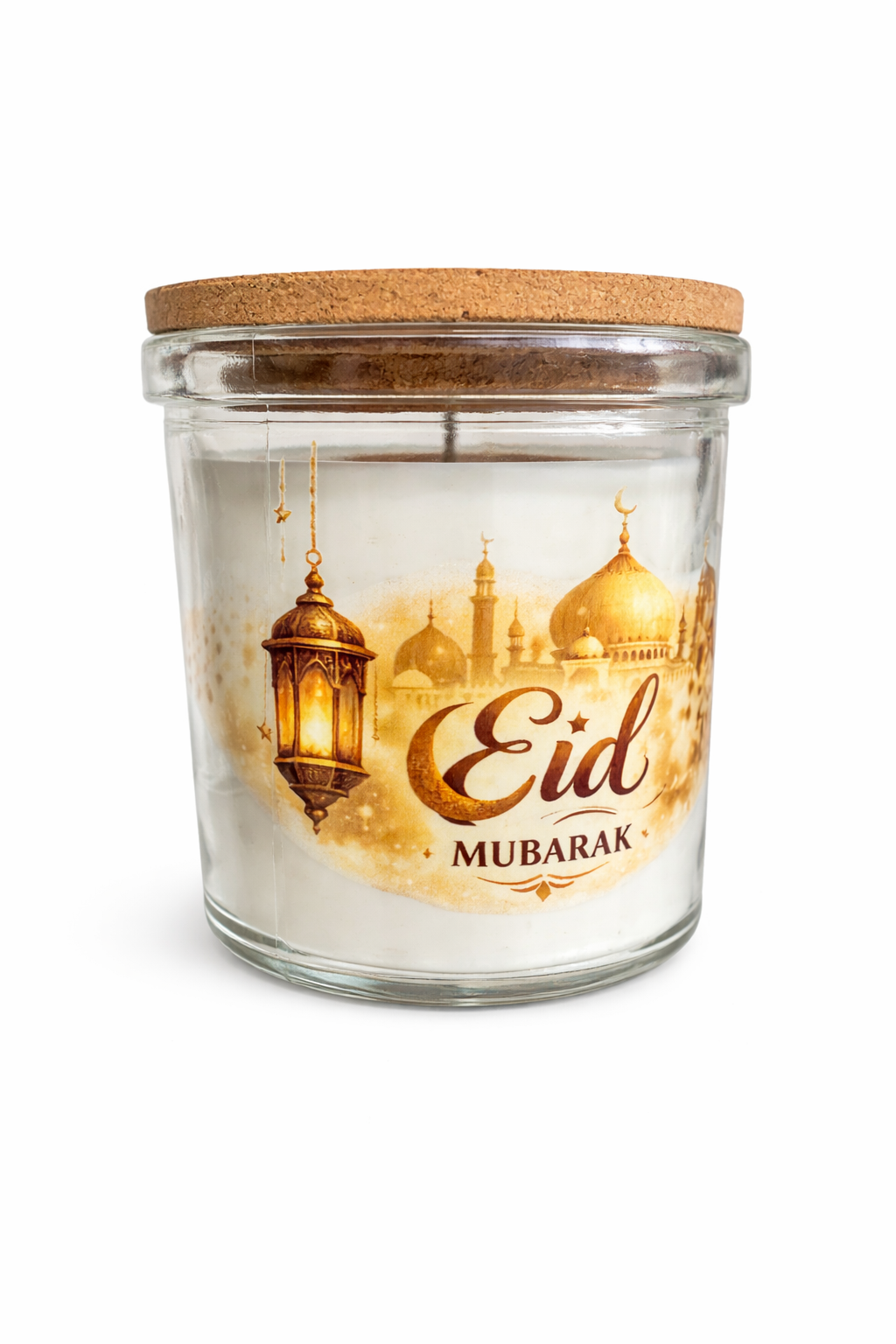 Eid Mubarak Vanilla Scented Candle – Islamic Eid Gift Candle with Mosque & Lantern Design | 40 Hour Burn | Glass Jar with Cork Lid