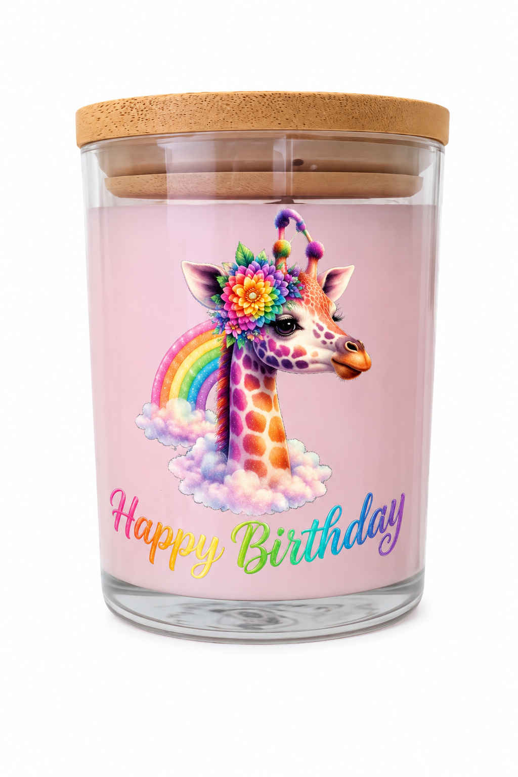 Happy Birthday Candle UV DTF with Giraffe Design and Cork Lid for Aromatherapy Decor – Pink Flowers Floral Scent, Up to 40 Hours Burn Time - Ornaments