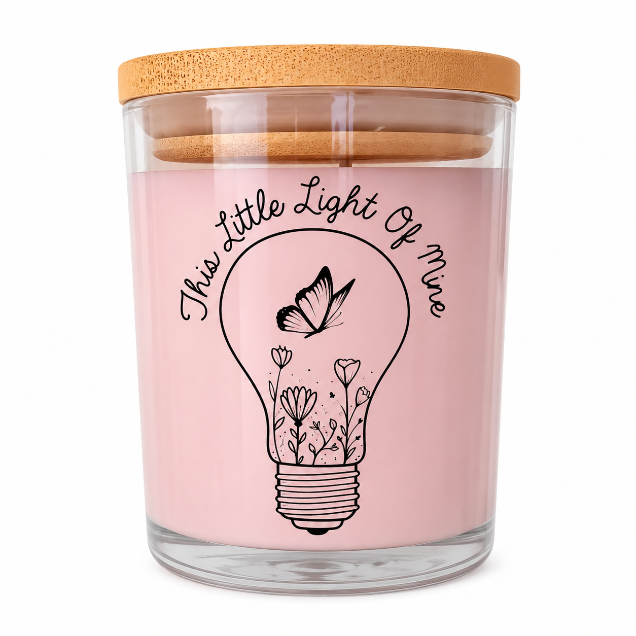 This Little Light Of Mine Pink Flowers Floral Candle UV DTF with Butterfly Design Bamboo Lid Aromatherapy 40 Hours Burn Time Decor