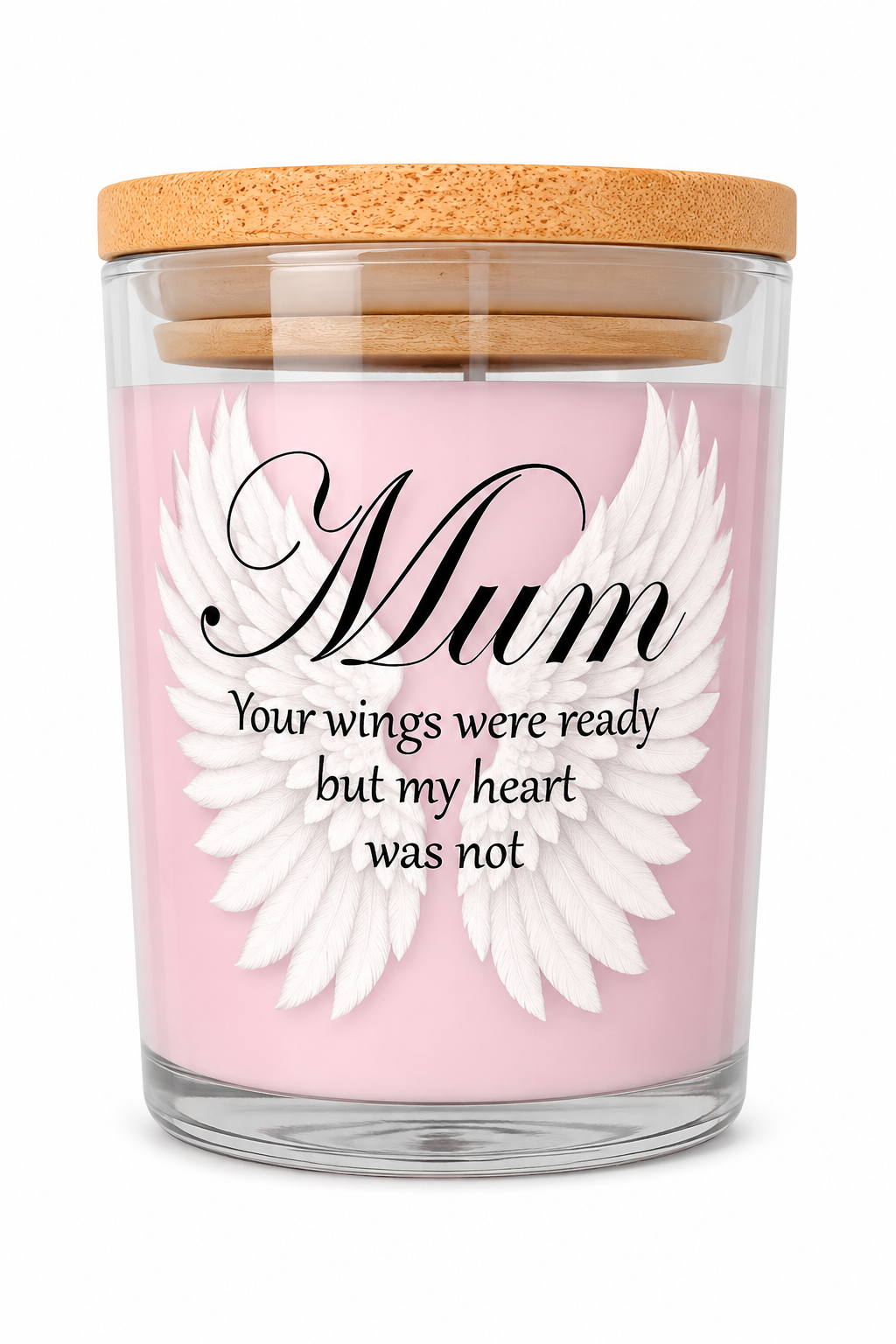 Mum Memorial Pink Flowers Floral Scented Candle with Angel Wings Design 40 Hours Burn Time Glass Jar Bamboo Lid Floral Decor