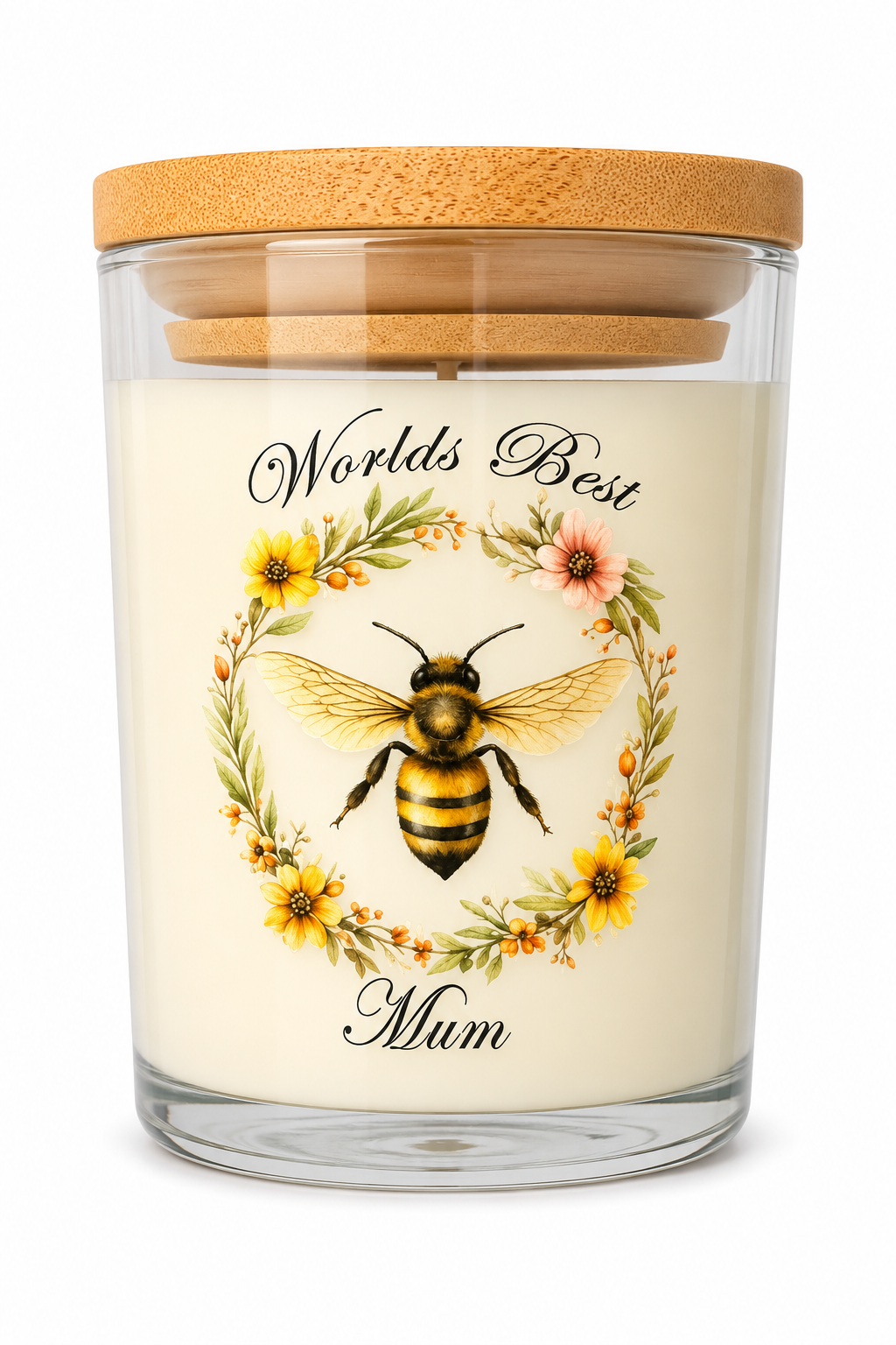 Worlds Best Mum Vanilla Scented Candle - Bee & Floral Wreath Design, 40 Hours Burn Time, High Quality Glass Jar, Perfect Gift for Mum - Decor