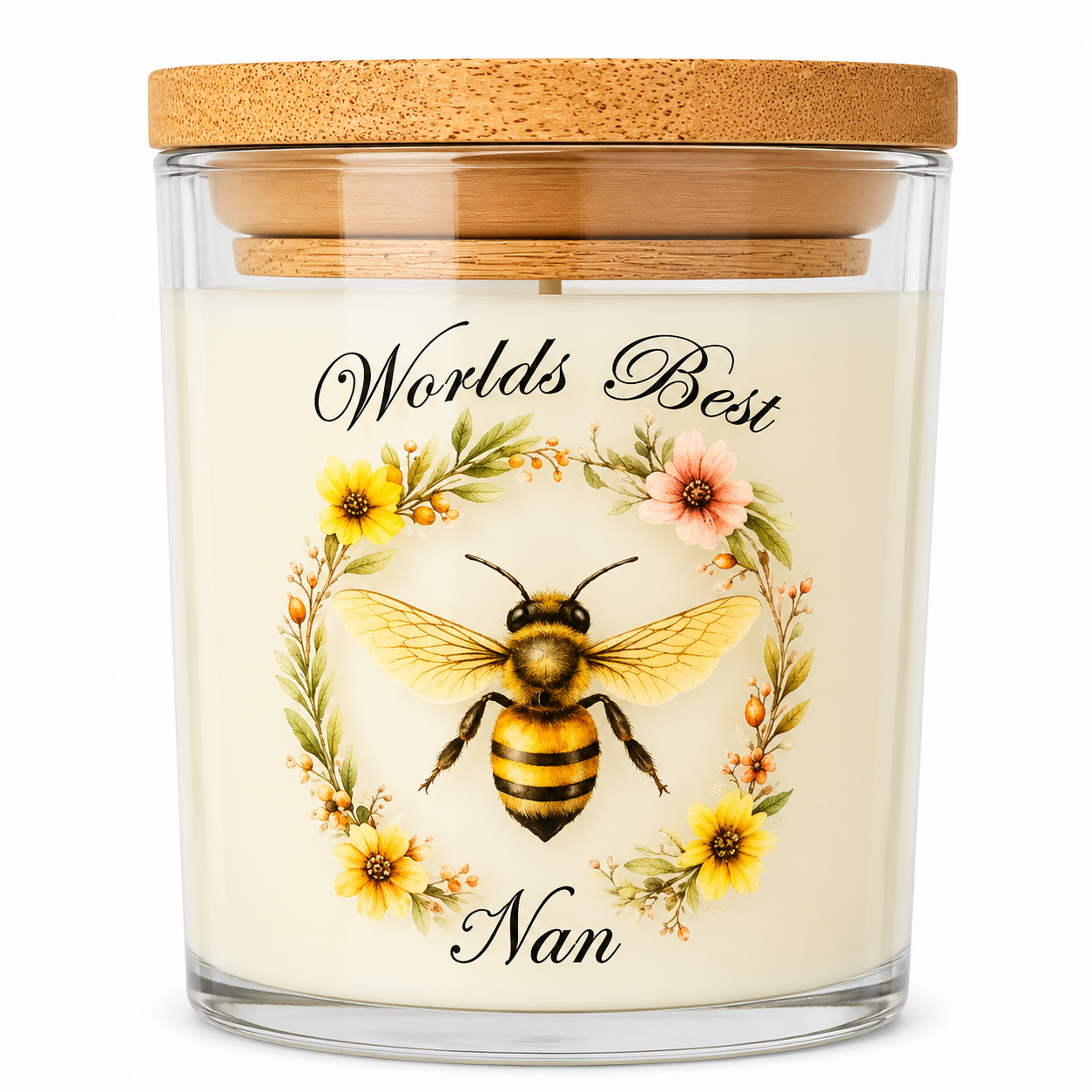 Worlds Best Nan Vanilla Scented Candle with Bee & Floral Design 40 Hours Burn Time High Quality Glass Jar Gift for Nan Nanny or Grandma - Decor