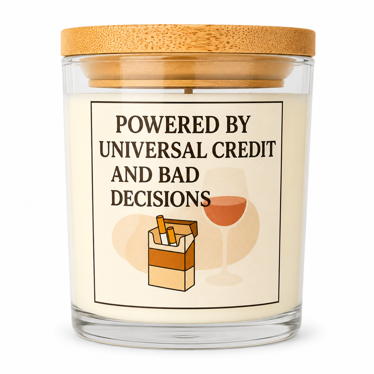 Universal Credit and Bad Decisions Vanilla Scented Candle with 40 Hours Burn Time Funny Quote Design in Glass Jar with Bamboo Lid Perfect Novelty Gift - Decor