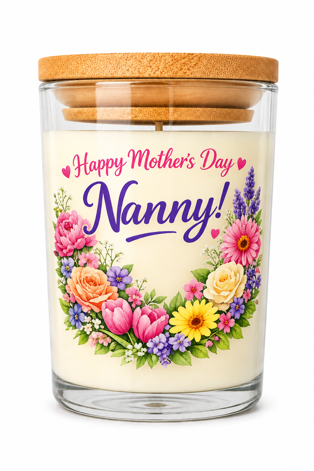 Happy Mother’s Day Nanny Pink Flowers Floral Or Vanilla Scented Candle – Floral Glass Jar with Cork Lid 40 Hour Burn