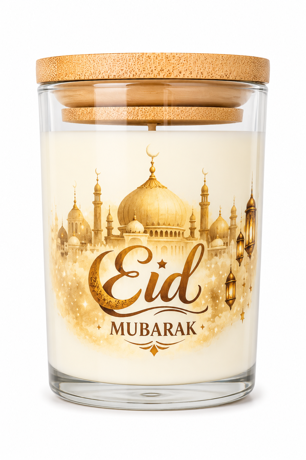 Eid Mubarak Vanilla Scented Candle – Islamic Eid Gift Candle with Mosque & Lantern Design | 40 Hour Burn | Glass Jar with  Bamboo Lid