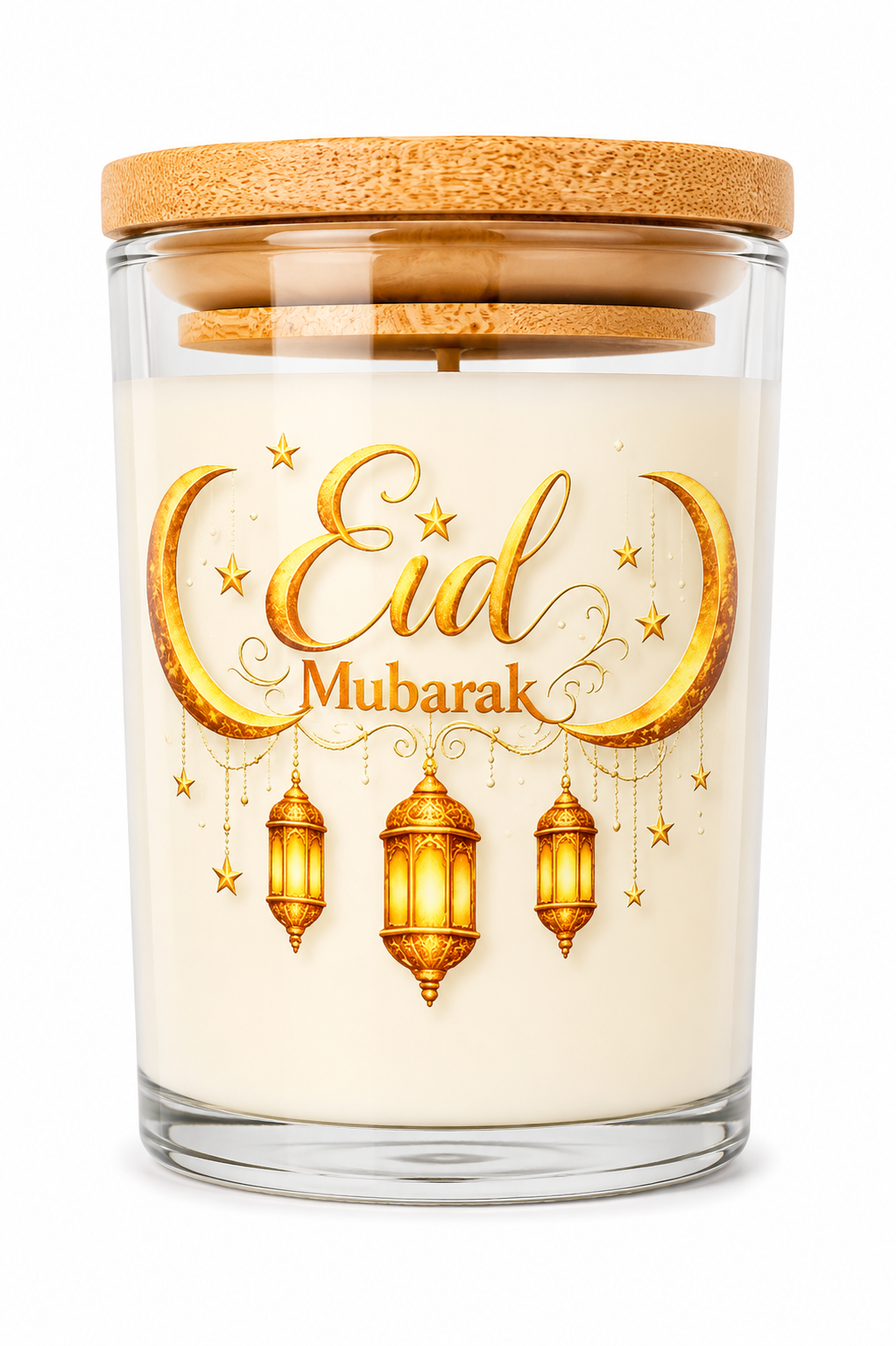 Eid Mubarak Vanilla Scented Candle – Islamic Gift with Lantern Design & Bamboo Lid 40 Hour Burn Time