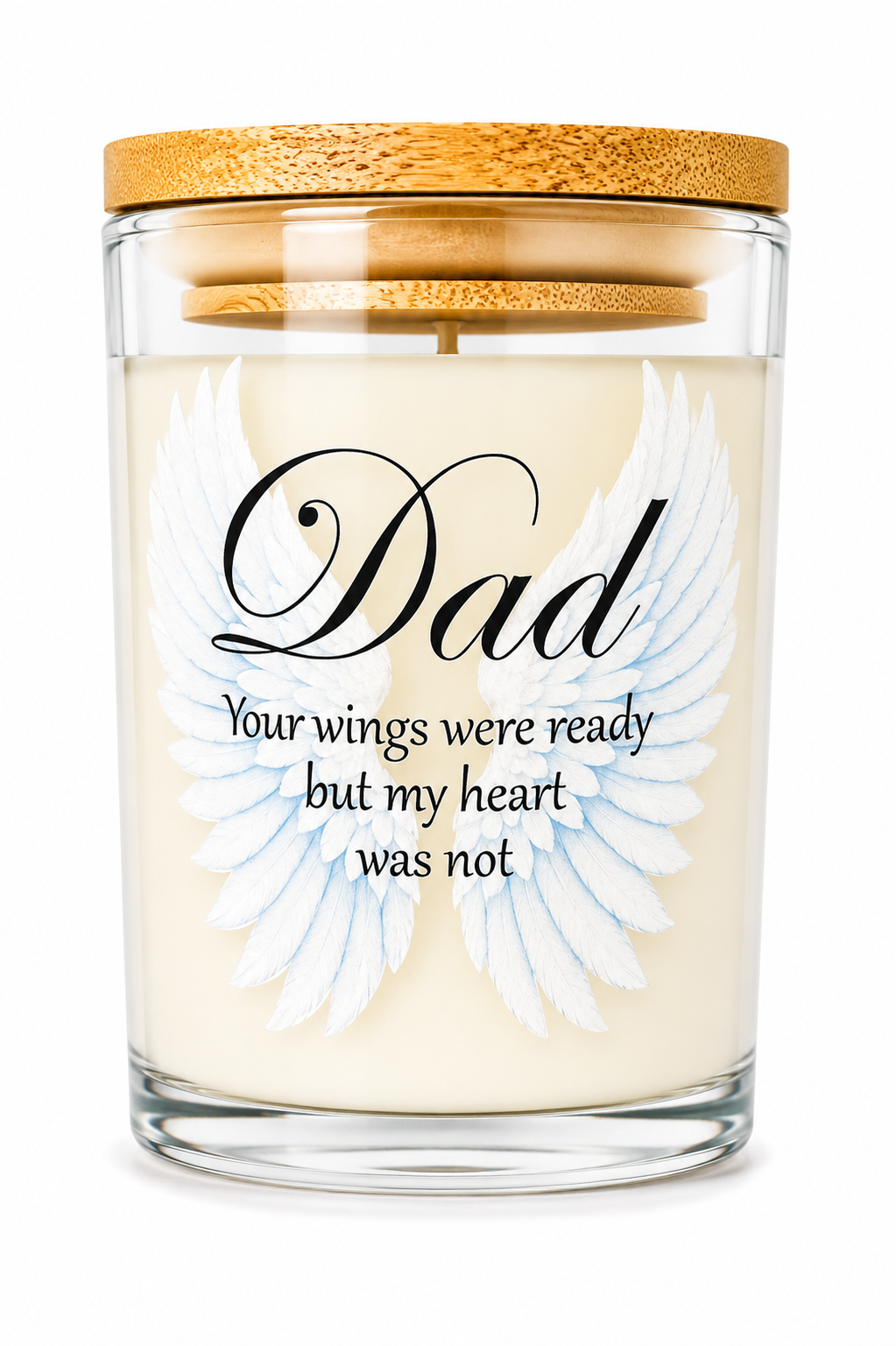 Dad Memorial Vanilla Scented Candle with Angel Wings Design Up to 40 Hours Burn Time Durable UV DTF Print in Glass Jar with Bamboo Lid - Decor