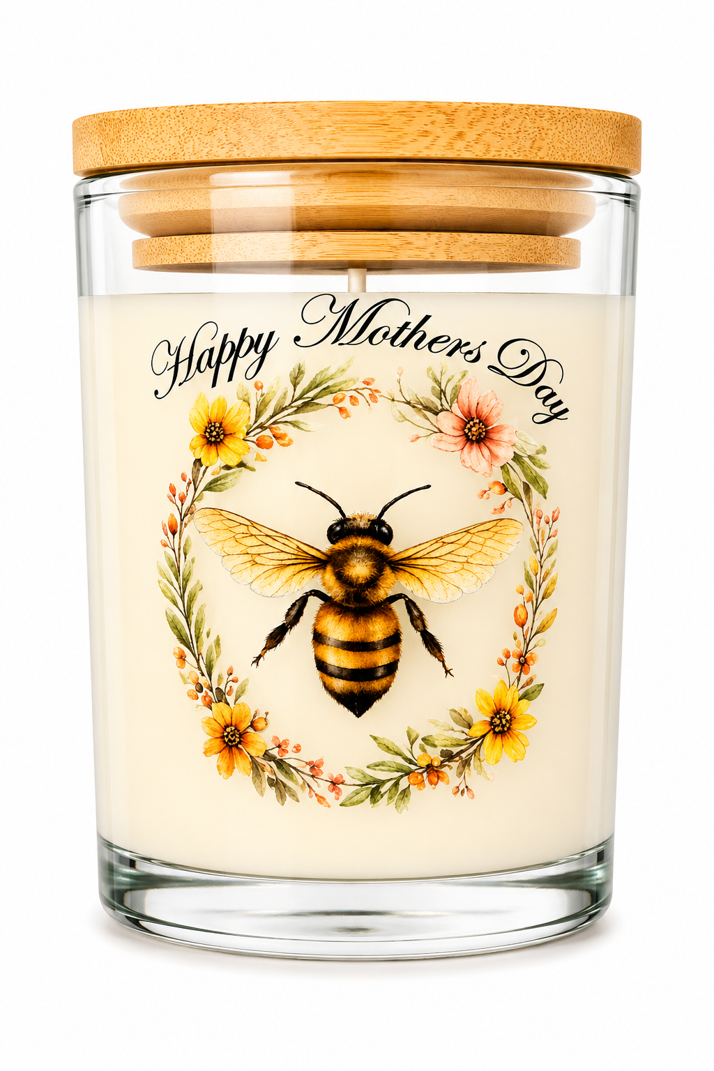 Happy Mother’s Day Bee Vanilla Scented Candle with Bee & Floral Design 40 Hours Burn Time High-Quality Glass Jar Ideal Gift for Mum - Decor