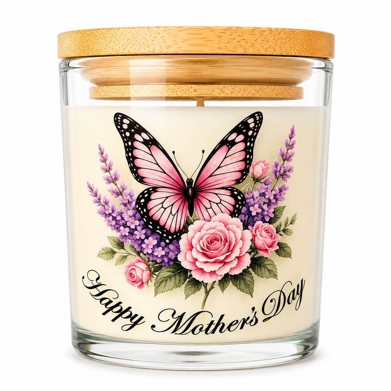 Happy Mother’s Day Vanilla Candle with Butterfly and Floral Decor – up to 40 Hours Burn Time