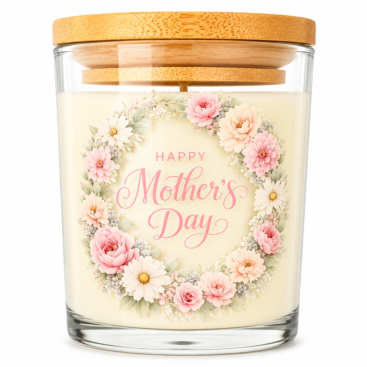 Happy Mothers Day Vanilla Candle Floral Bamboo Lid