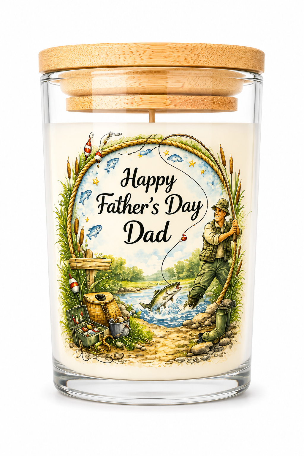 Happy Father’s Day Dad Fishing Candle Gift – Vanilla Scented 40 Hour Burn Candle for Dad – Fisherman Father’s Day Present with Premium UV-DTF Label