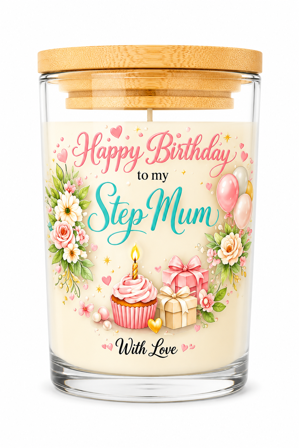 Happy Birthday Step Mum Candle Gift – Vanilla Scented 40 Hour Burn Candle – Beautiful Birthday Present for Step Mum with Premium UV-DTF Label