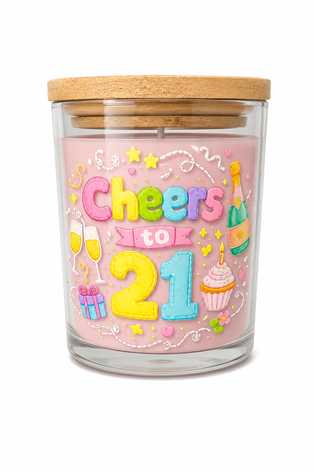 Cheers to 21 Candle Gift – Pink Flowers Floral Scented 40 Hour Burn 21st Birthday Candle – Colourful 21st Birthday Present with Premium UV-DTF Label