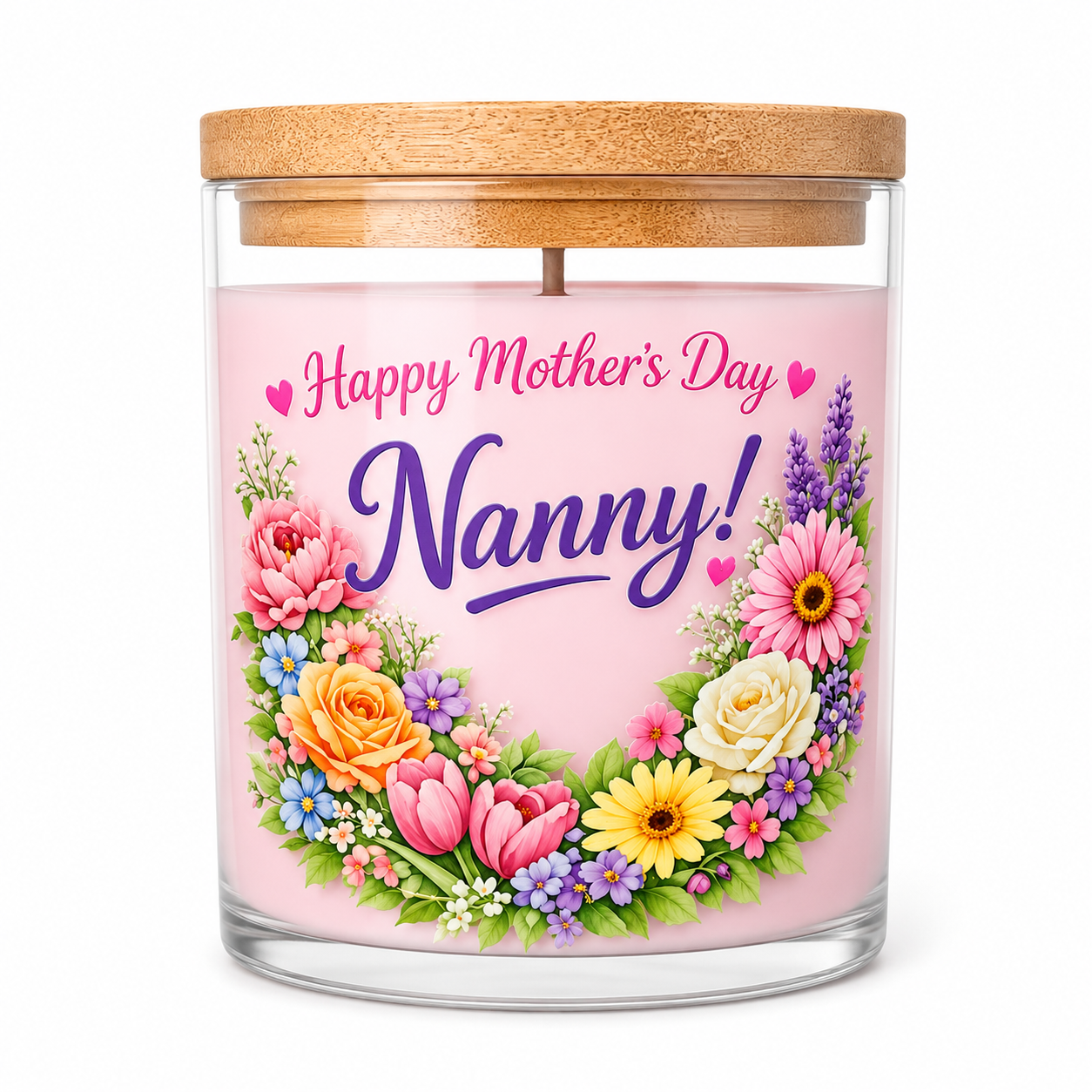 Happy Mother’s Day Nanny Pink Flowers Floral Or Vanilla Scented Candle – Floral Glass Jar with Cork Lid 40 Hour Burn