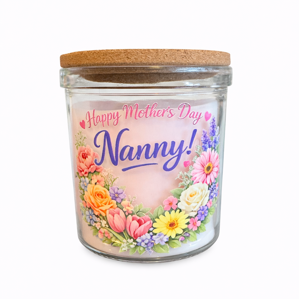 Happy Mother’s Day Nanny Jasmine Or Vanilla Scented Candle – Floral Glass Jar with Cork Lid 40 Hour Burn
