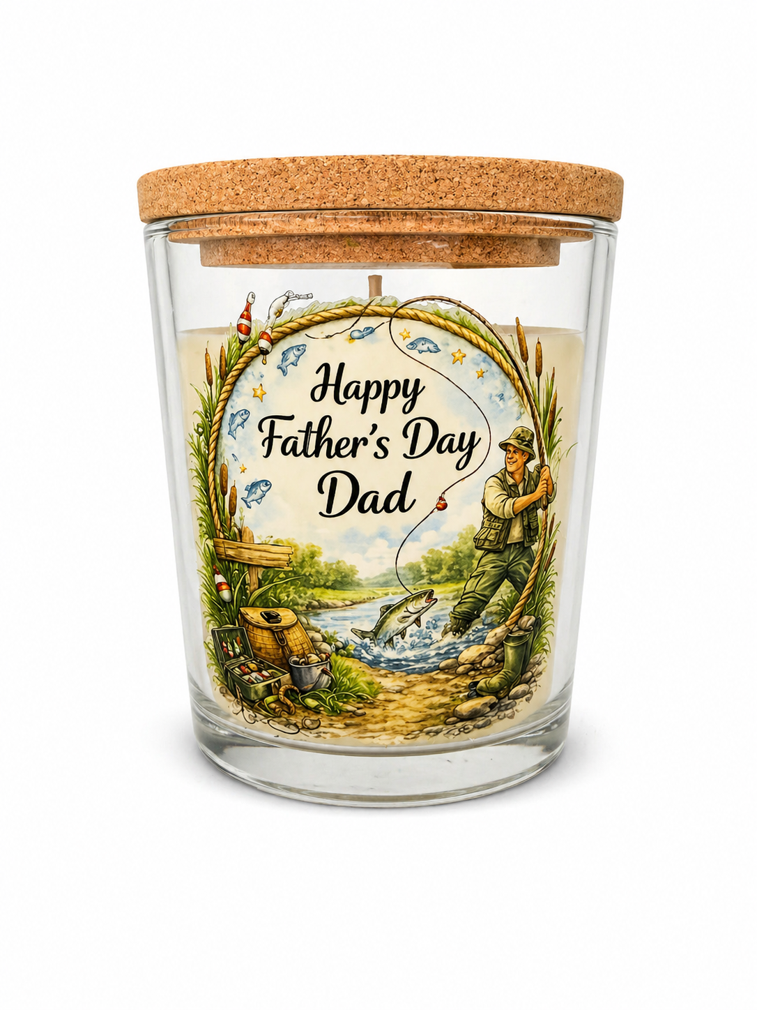 Happy Father’s Day Dad Fishing Candle Gift – Vanilla Scented 40 Hour Burn Candle for Dad – Fisherman Father’s Day Present with Premium UV-DTF Label